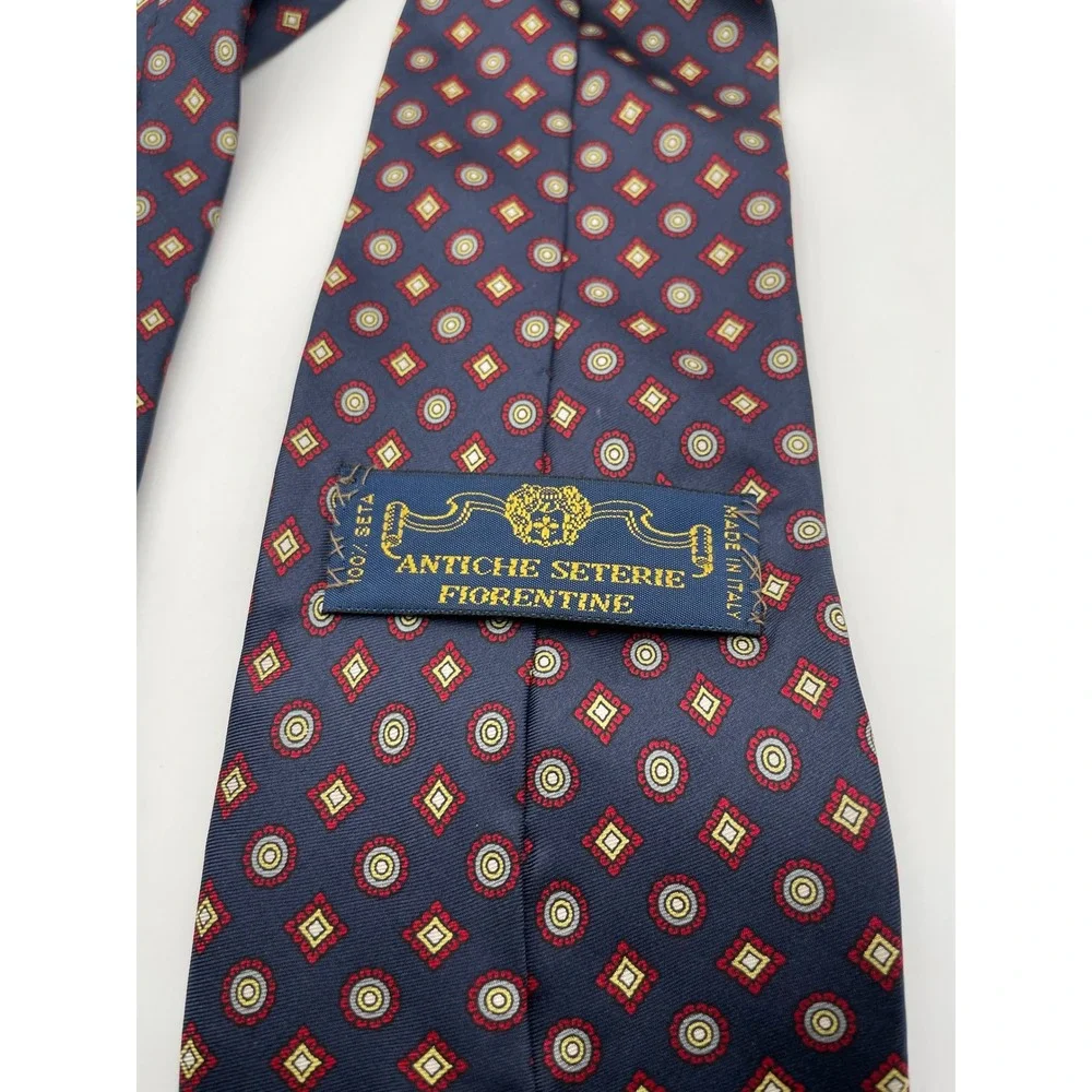 Antiche Seterie Fiorentine Mens Silk Tie Navy Blue Red Medallion Made in Italy
